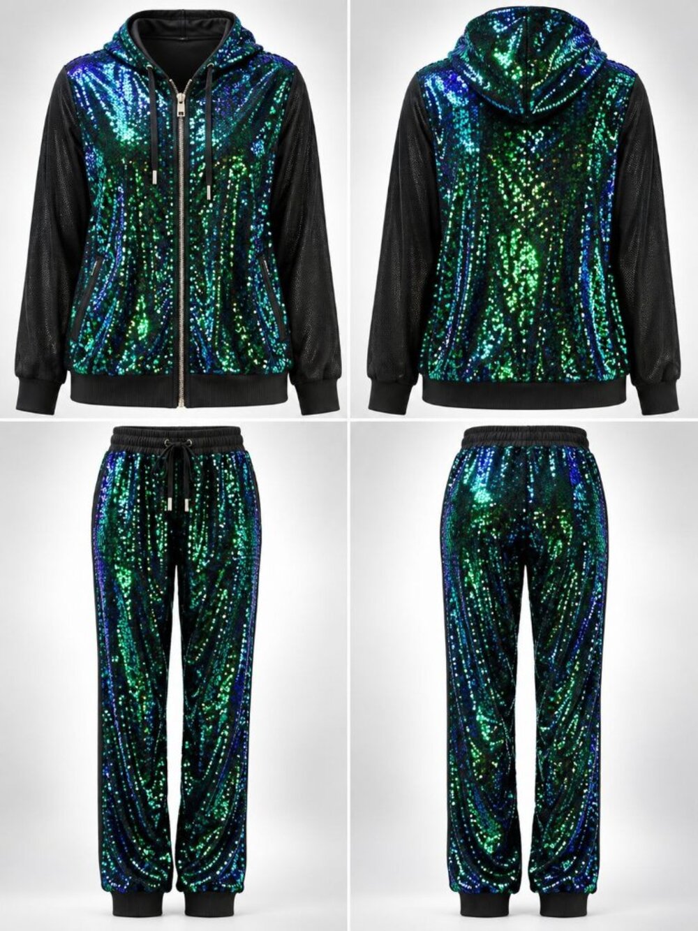 ASHLEY SPORT Womens Jogging Set Green Sequins Hoodie Bomber Jacket Size 14/16